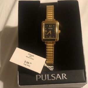 Pulsar Gold and Black Watch with Rectangular Face stretch band women